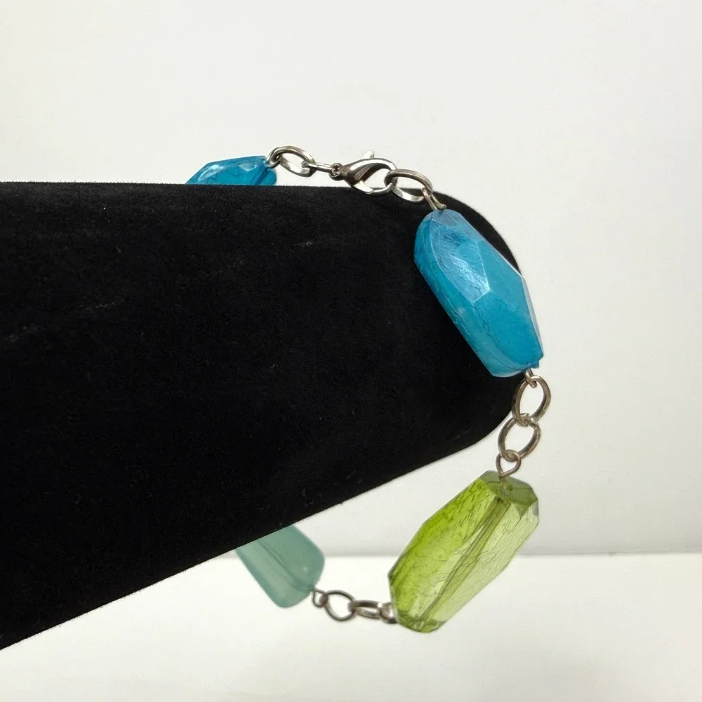 Chunky Acrylic Beaded Statement Necklace and Bracelet Set Blue Green Jewelry